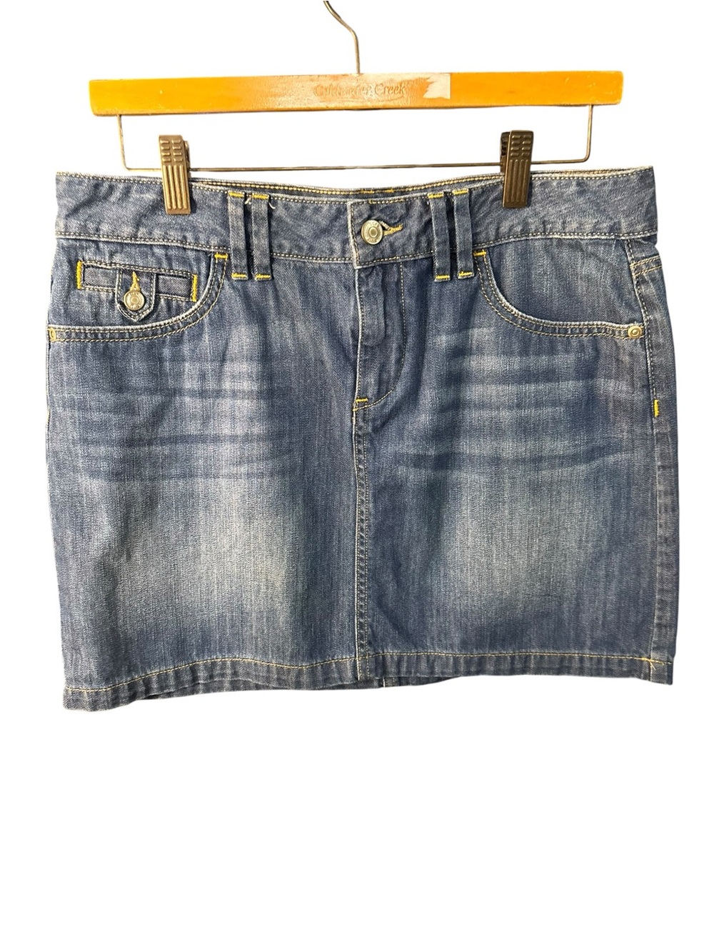 LOFT Medium Blue Denim Mini Skirt with Yellow Stitching